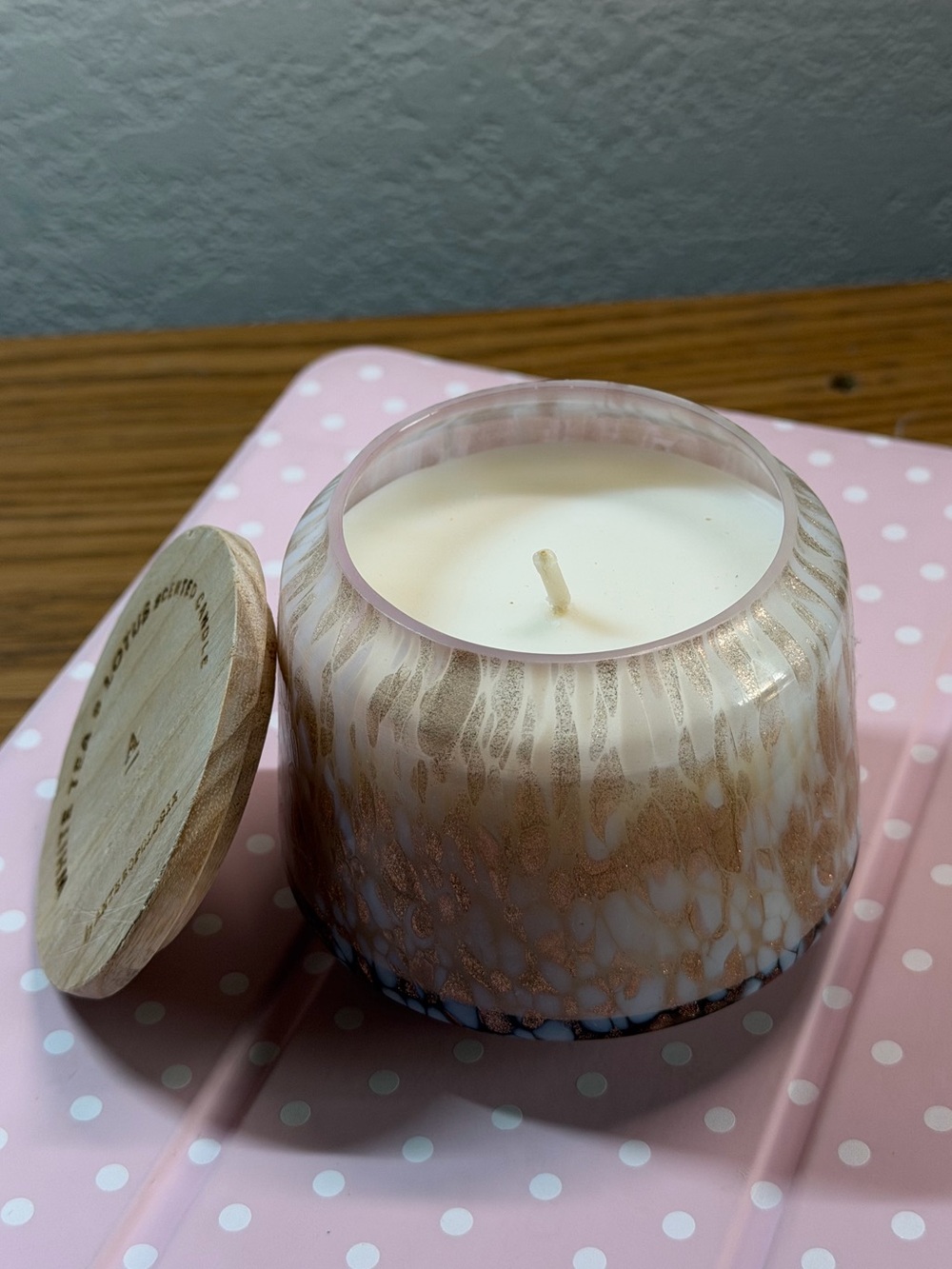 Anthropologie White and Gold Marbled Glass Candle with Wooden Lid